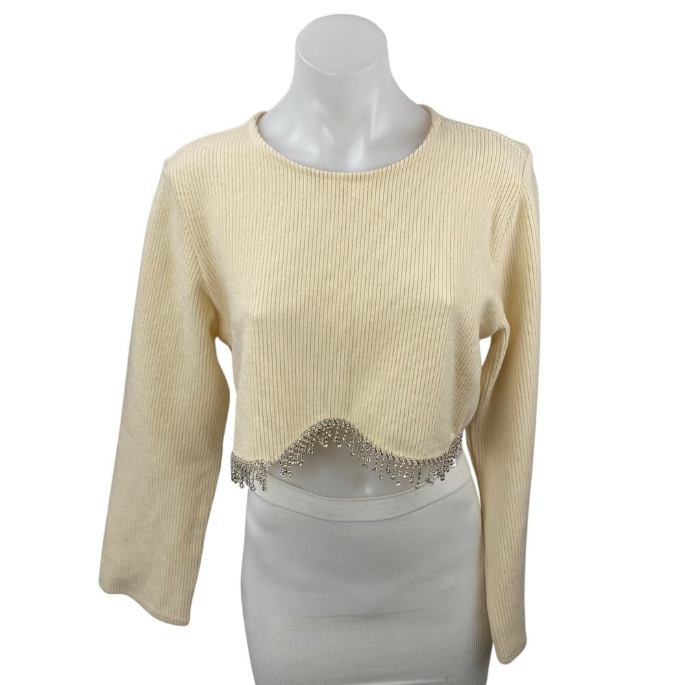 Zara Women's Cream Ribbed Knit Silver Fringe Long Sleeve Sweater Crop Top Size M